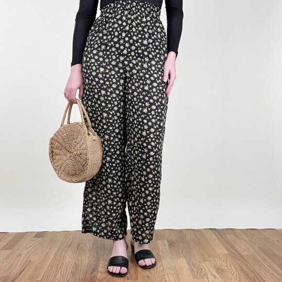 Vintage High Rise Wide Straight Loose Leg Trouser Pants Whimsigoth Floral Print - Picture 1 of 8